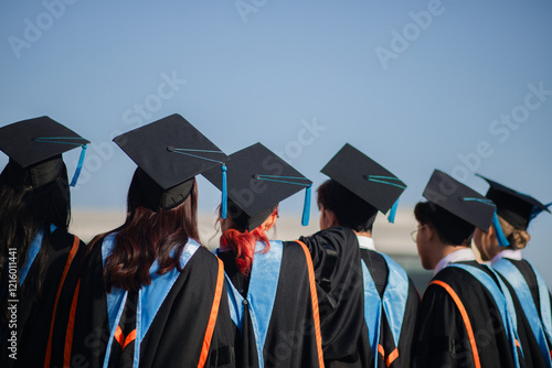 back view The group of graduates celebrated their college graduation with pride and joy on their graduation day. congratulations	 photo