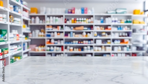 Empty marble table pharmacy blurred background Empty pharmacy counter with colorful medication shelves Pharmacy dispensing counter, stocked pharmacy shelves, medication dispensing area,shelf,book, bac