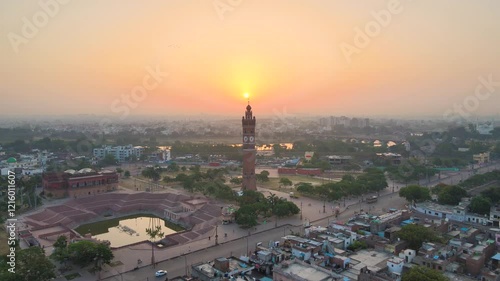 Aerial view of Lucknow, capturing the Clock Tower and its historical surroundings under the golden light of dawn.