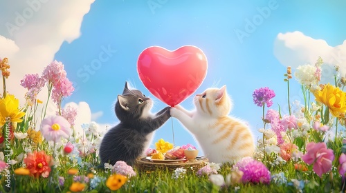 Two kittens holding a red heart balloon in a field of flowers under a bright sky