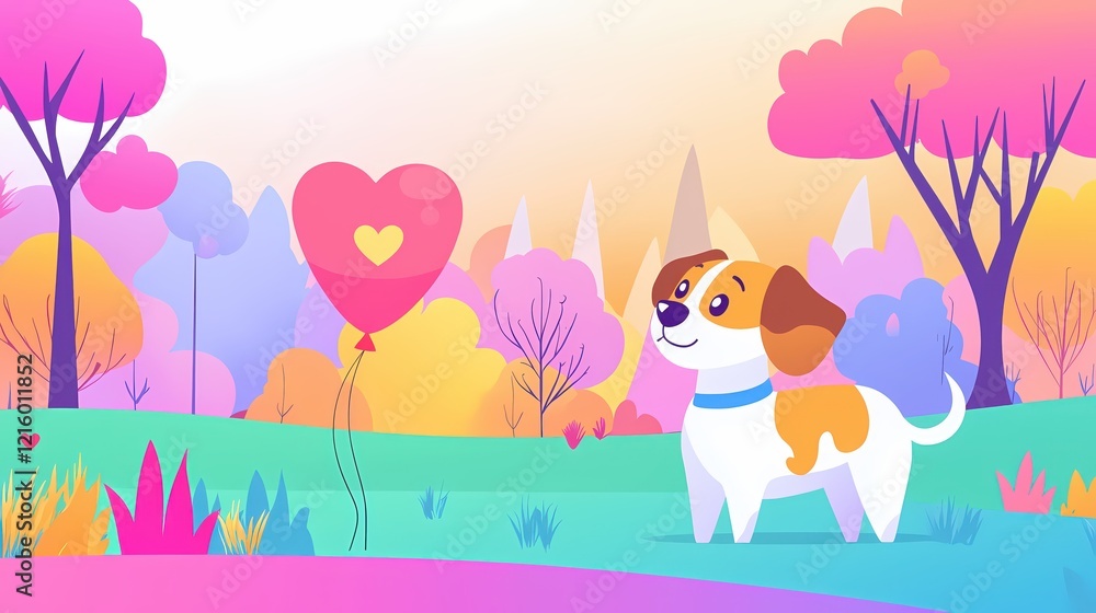 Fototapeta premium Cartoon dog with heart balloon in colorful park scene with trees and plants in bright hues