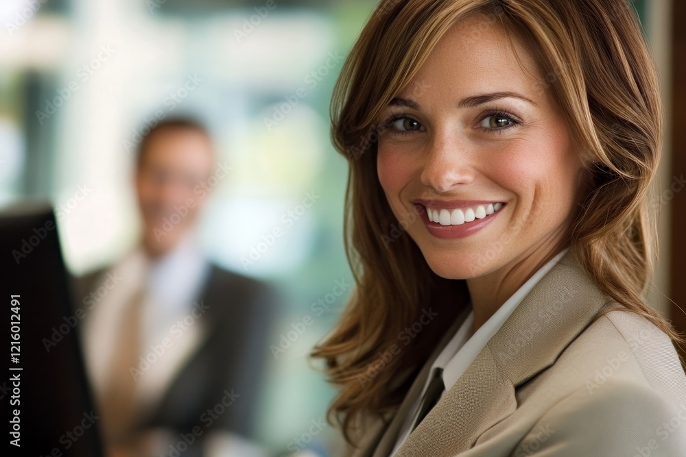 Businesswoman smiling while working with a colleague in an offic, Generative AI Businesswoman smiling while working with a colleague in an offic, Generative AI