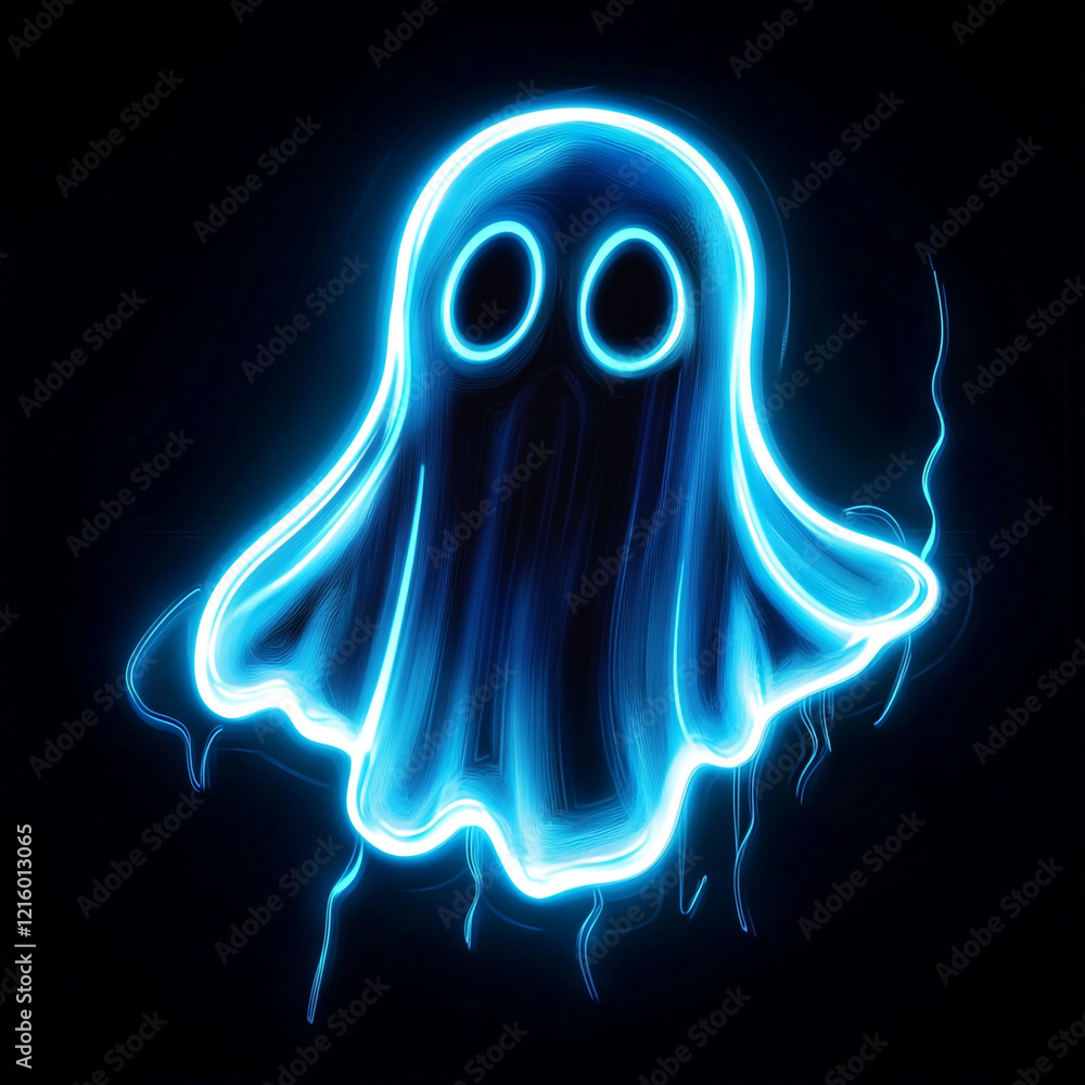 Fototapeta premium A glowing neon ghost-like figure with a blue and pink aura on a dark background.