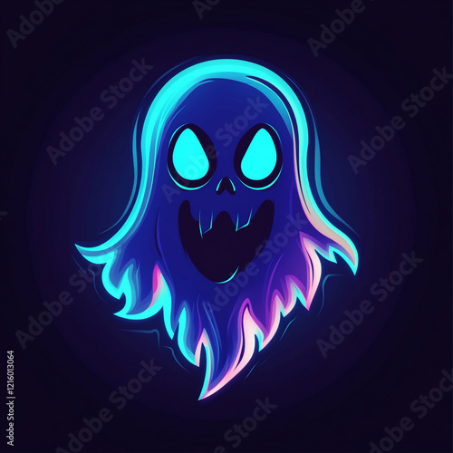 A glowing neon ghost-like figure with a blue and pink aura on a dark background. photo