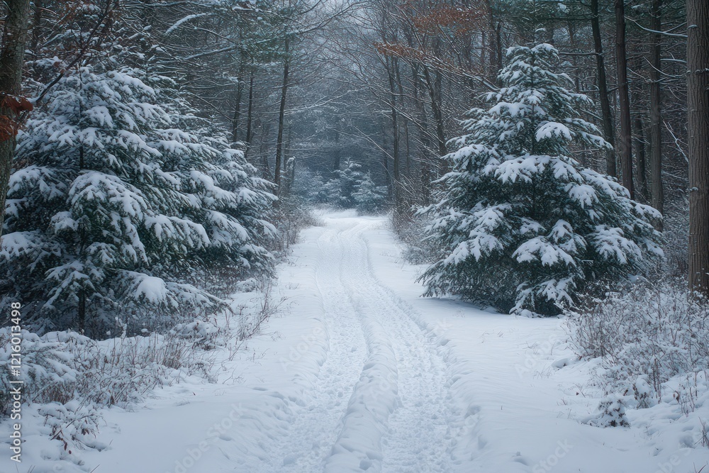 Obraz premium A snowy path through an evergreen forest, where the snow-covered trees and silent woods create a peaceful and magical winter walk.