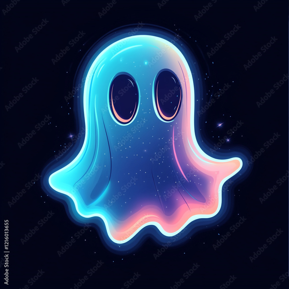 Fototapeta premium A glowing neon ghost-like figure with a blue and pink aura on a dark background.