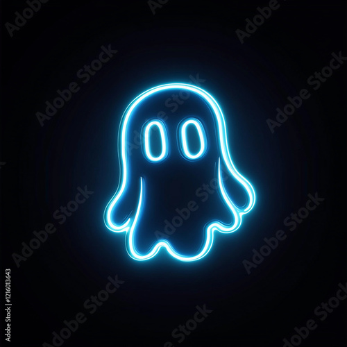 A glowing neon ghost-like figure with a blue and pink aura on a dark background. photo