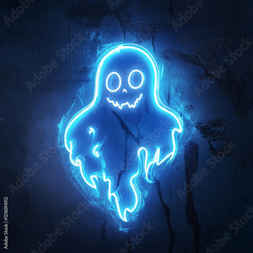 A glowing neon ghost-like figure with a blue and pink aura on a dark background. photo