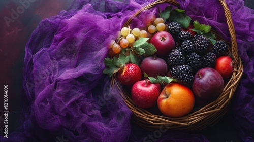 Purple net draped over a fruit basket, enhancing elegance and opulence with a touch of royal charm and vibrant allure. photo