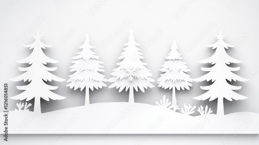Fototapeta premium White Papercut Winter Forest Scene Holiday Card