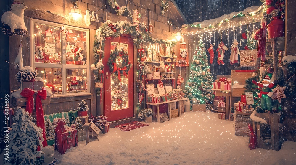 Fototapeta premium Magical Snowy Christmas Shop Exterior at Night Festive Decor Gifts