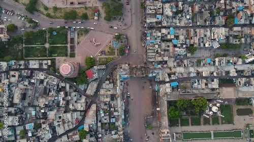 Aerial drone shot of Lucknow, capturing the iconic Jama Masjid and Chota Imambada with city streets. photo