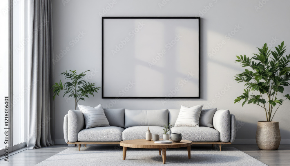 a gray sofa with striped pillows, a wooden coffee table, and a large blank picture frame on the wall above the sofa. Cozy modern living room with photo frame design a gray sofa with striped pillows, a wooden coffee table, and a large blank picture frame on the wall above the sofa. Cozy modern living room with photo frame design