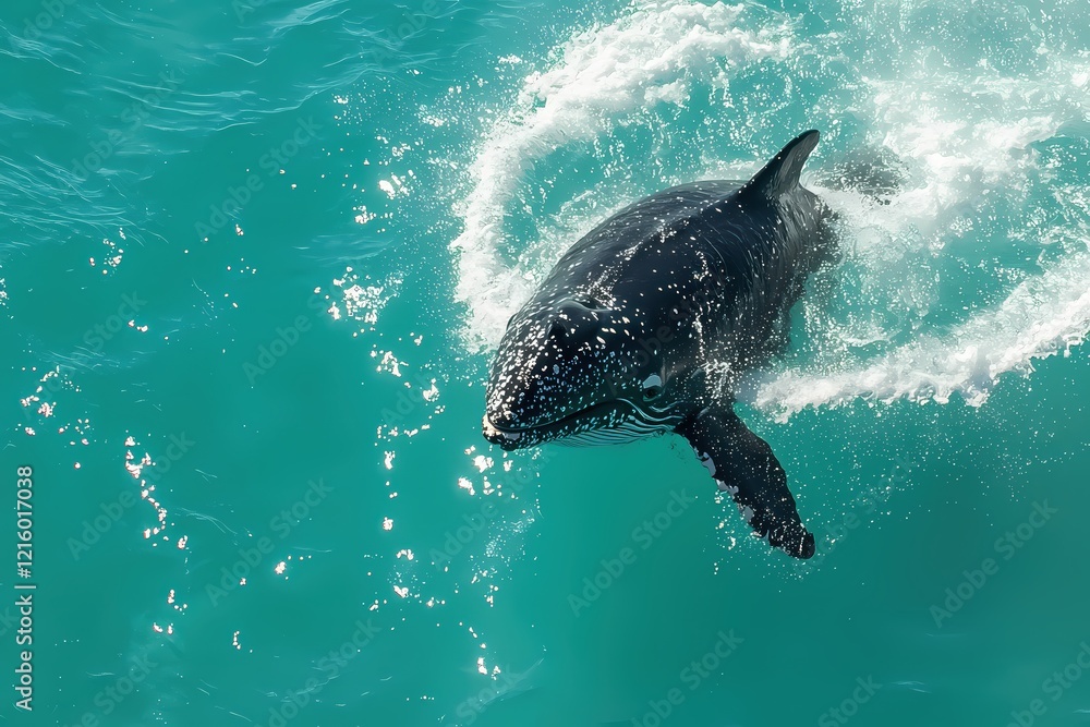 Naklejka premium Humpback whale surfacing in turquoise ocean water creating a circular splash of white foam