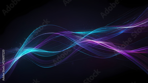 A futuristic abstract background featuring flowing lines of light in vibrant colors, such as blue, purple, and white, intertwining against a dark gradient background