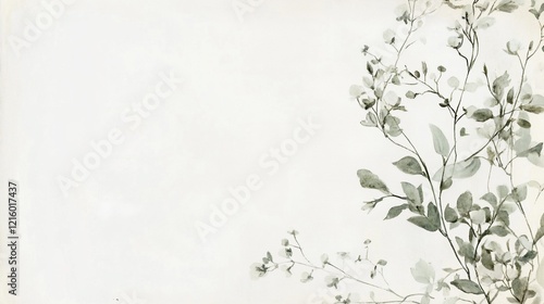 Watercolor painting of delicate grey-green foliage on off-white background. photo