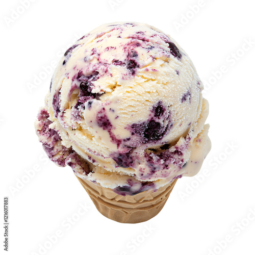 Blueberry ice cream cone, studio shot, white background, dessert photo