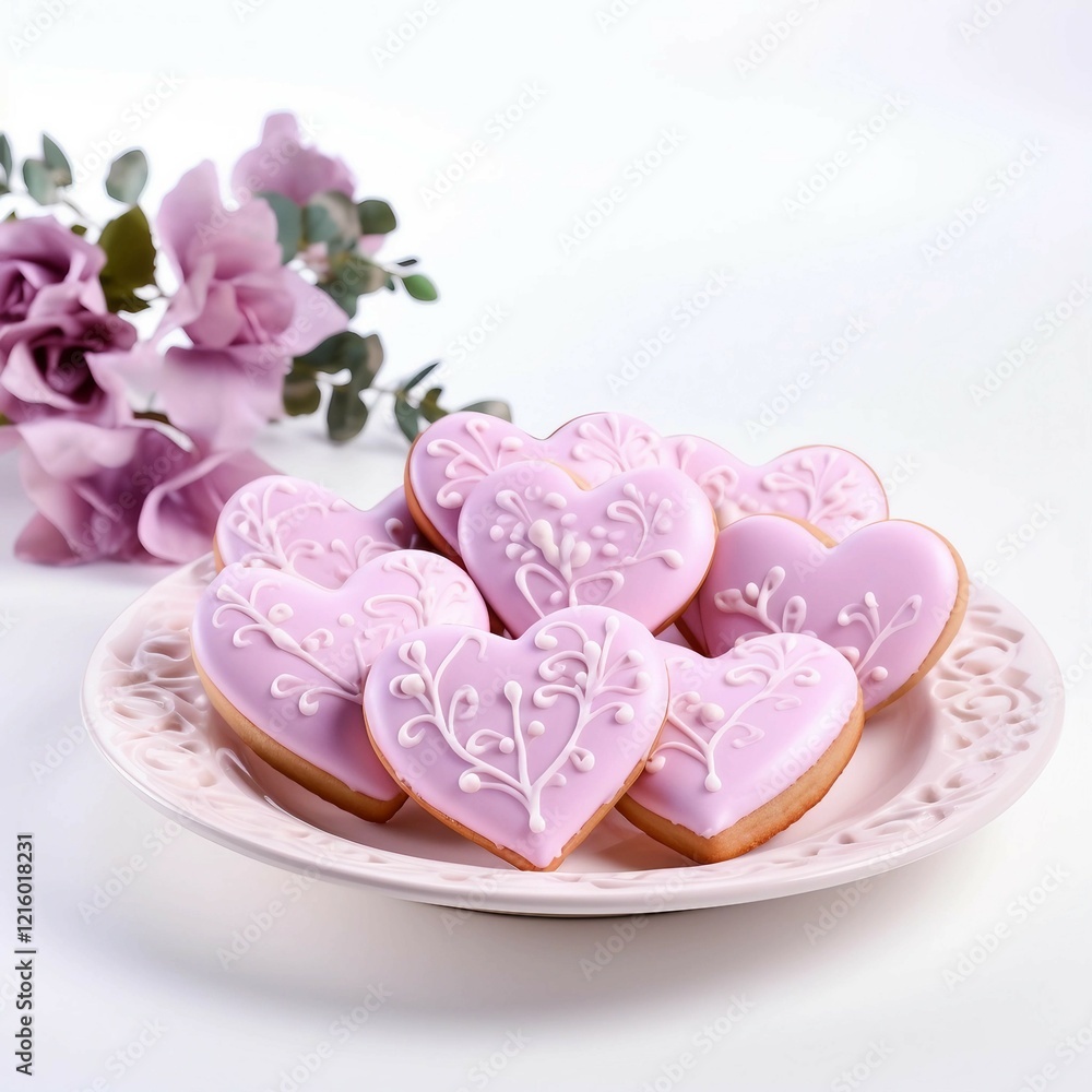 A plate of pink heart-shaped cookies with Valentine's Day decorations, against a white studio backdrop A plate of pink heart-shaped cookies with Valentine's Day decorations, against a white studio backdrop