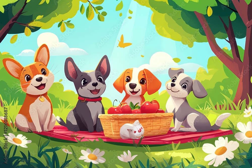 Fototapeta premium Four cute puppies having a picnic in the park with a basket of apples and a little white cat