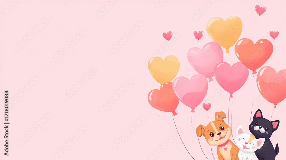 Heart balloons with cute cartoon dog and cat on light pink background for valentines day Heart balloons with cute cartoon dog and cat on light pink background for valentines day