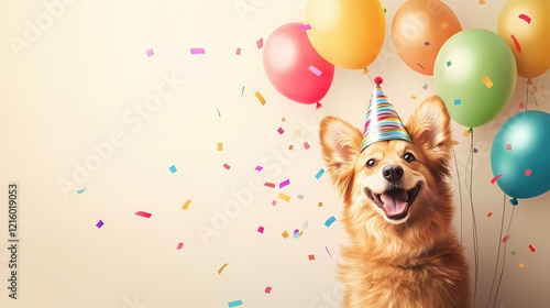 Happy dog with party hat and colorful balloons celebrating a special occasion or birthday