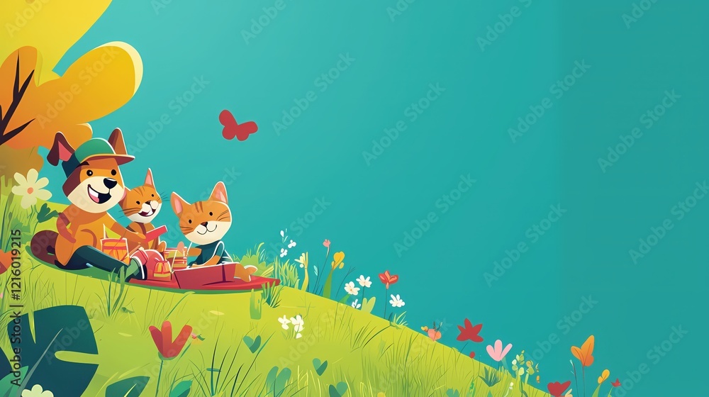 Fototapeta premium Cartoon dog and cats having a picnic on a grassy hill with flowers and a butterfly in the sky