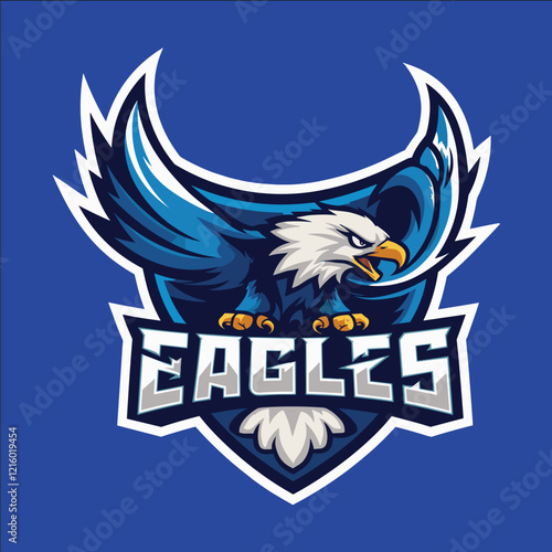 Eagles logo with an eagle on it. The eagle is flying and the logo is blue and white