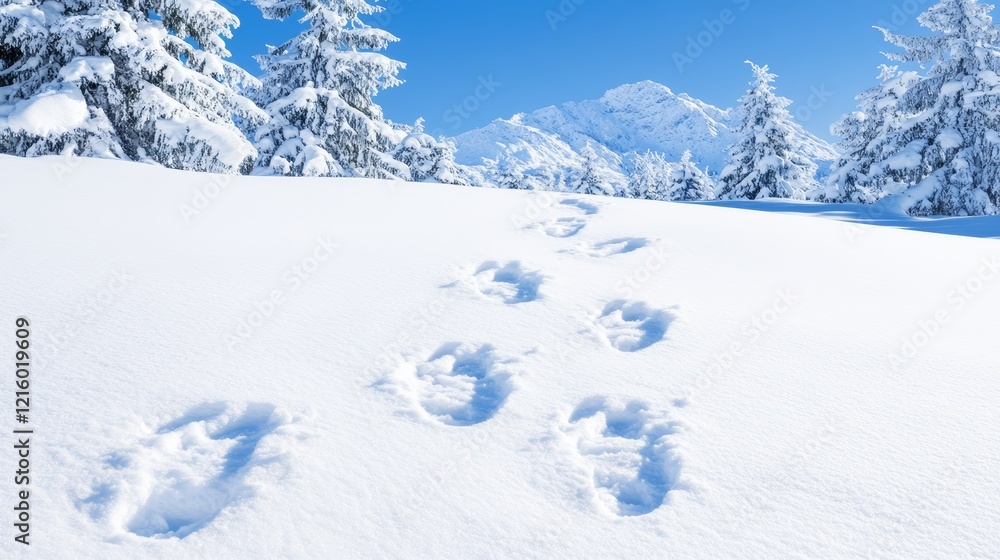 Winter Wonderland Footprints Leading to Mountains Winter Wonderland Footprints Leading to Mountains
