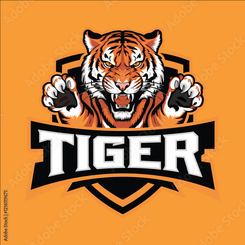 A tiger logo with a fierce look on its face