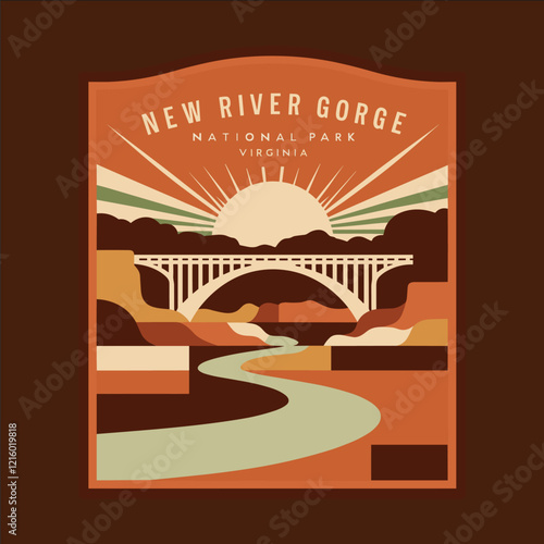 A colorful poster of New River Gorge National Park. The poster features a bridge and a river, with trees and mountains in the background. The poster is designed to evoke a sense of adventure