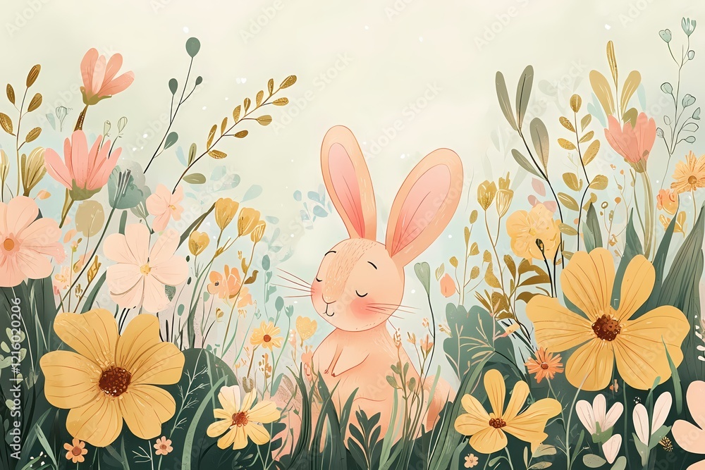Cute bunny in a field of flowers with a soft pastel color palette and a whimsical artistic style Cute bunny in a field of flowers with a soft pastel color palette and a whimsical artistic style