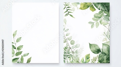 Two watercolor green leaf designs; one blank, one framed. photo