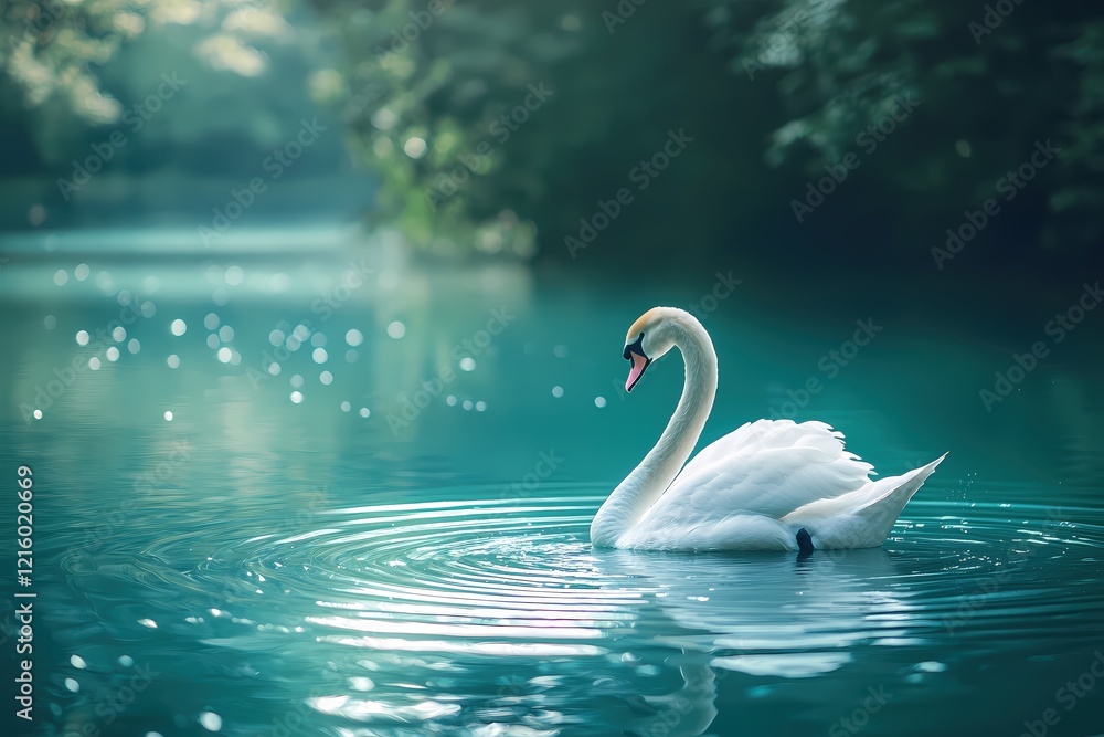 Obraz premium White swan swimming gracefully in a teal lake with soft bokeh and gentle ripples on the water
