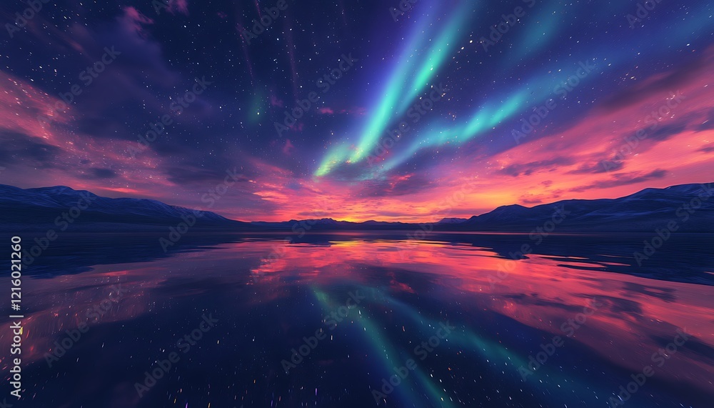 A breathtaking scene blending vibrant auroras and tranquil reflections A breathtaking scene blending vibrant auroras and tranquil reflections