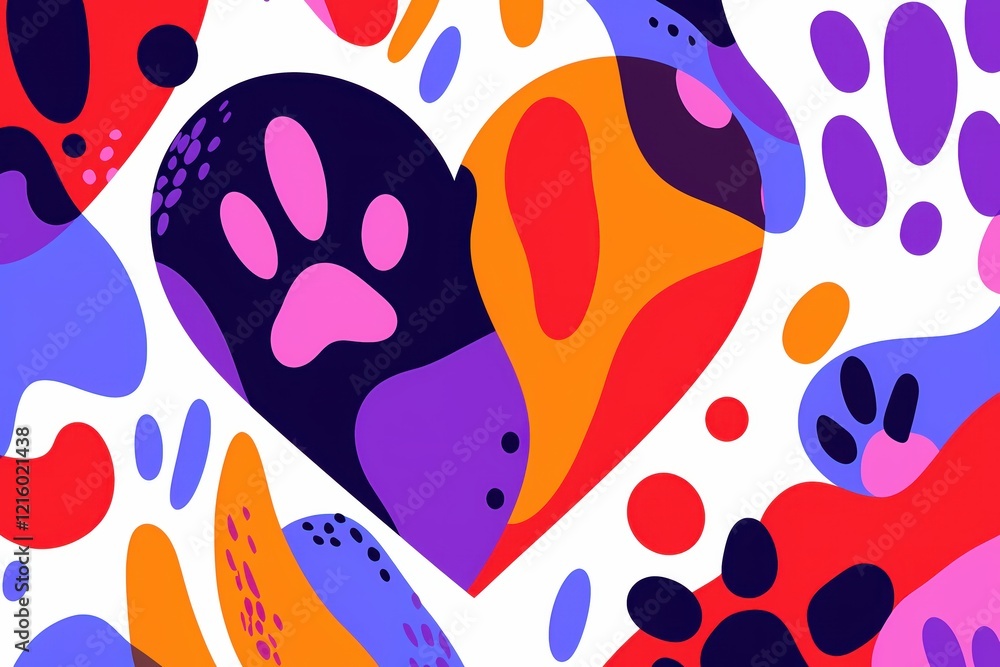 Abstract heart with paw print design in vibrant colors on white background playful style Abstract heart with paw print design in vibrant colors on white background playful style