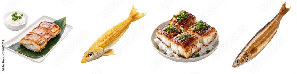 Seafood isolated collection. Fresh seafood assortment featuring grilled fish, sushi, and elegantly plated dishes garnished with herbs and vegetables. Seafood isolated collection. Fresh seafood assortment featuring grilled fish, sushi, and elegantly plated dishes garnished with herbs and vegetables.