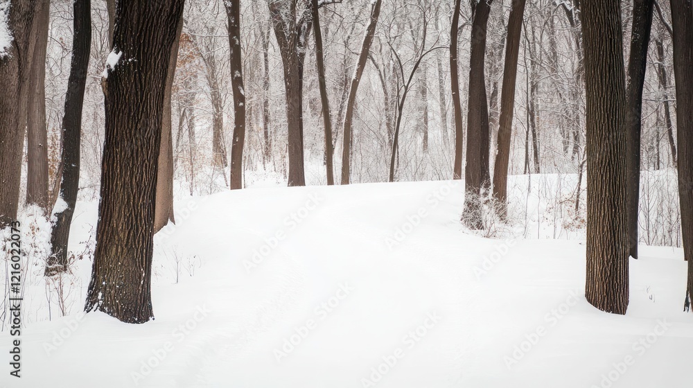 Snowy Winter Forest Scene with Tall Bare Trees and a Blanket of Fresh White Snow Snowy Winter Forest Scene with Tall Bare Trees and a Blanket of Fresh White Snow
