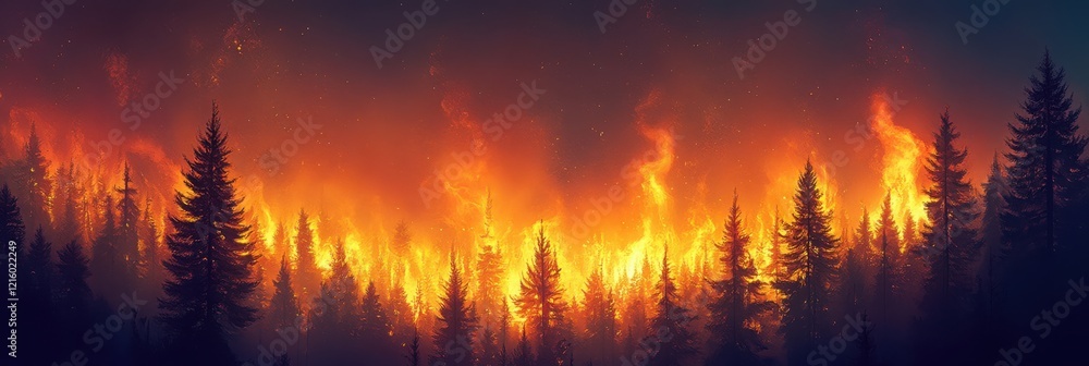 A vivid image of a forest engulfed in flames, showcasing intense wildfire with dark silhouettes of trees against a backdrop of bright orange and yellow flames. A vivid image of a forest engulfed in flames, showcasing intense wildfire with dark silhouettes of trees against a backdrop of bright orange and yellow flames.