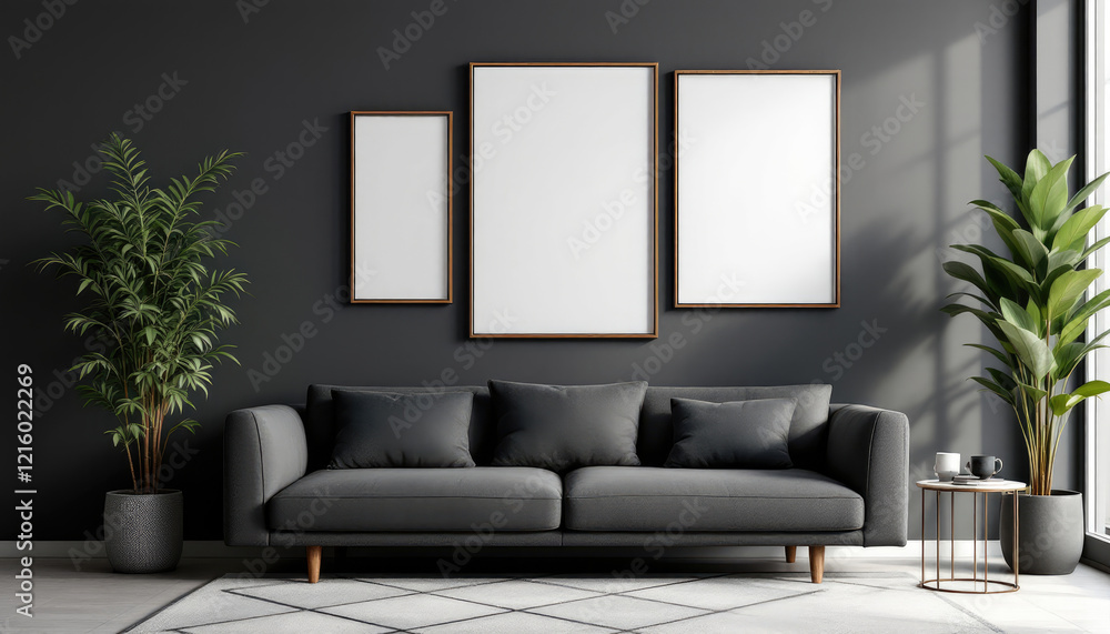 a gray sofa with three blank picture frames hanging above it, creating a modern and stylish atmosphere. Cozy modern living room with photo frame design a gray sofa with three blank picture frames hanging above it, creating a modern and stylish atmosphere. Cozy modern living room with photo frame design