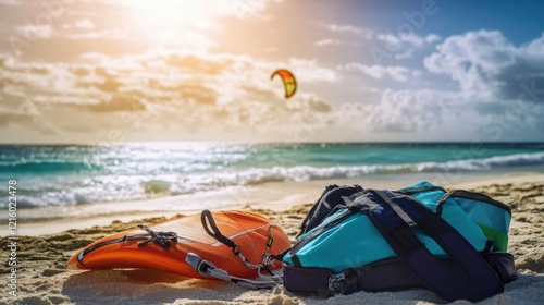 Kiteboarding gear: kite, board, harness on sandy beach with ocean waves and bright sky backdrop. Emphasizing kiteboarding thrill and beach environment. photo