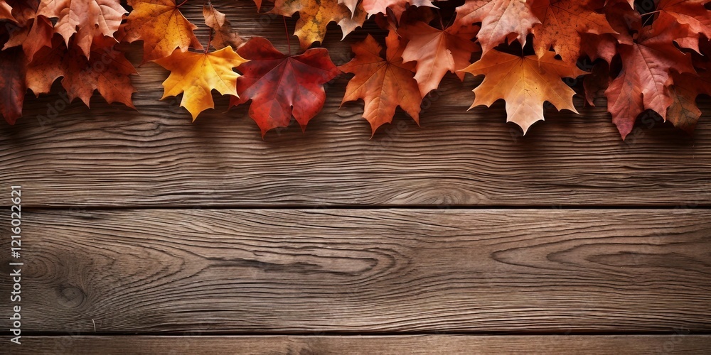 Obraz premium Autumnal leaves on wooden surface, ideal for seasonal backgrounds and textured autumn motifs 