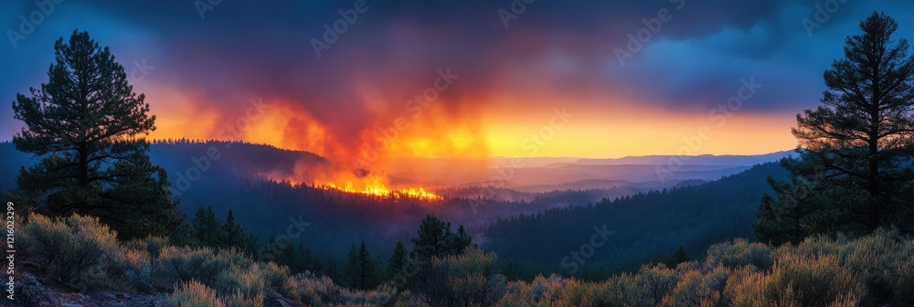 Obraz premium A dramatic sunset illuminates a wildfire raging in the mountains, contrasting with dark clouds and silhouetted trees in the foreground.