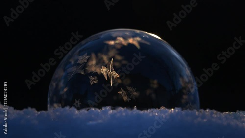Soap bubble on snow freezing in cold winter on black background