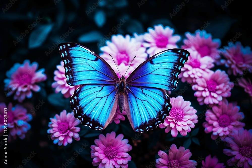 Beautiful Picture of a Blue Butterfly Perched on a Colorful Flower Beautiful Picture of a Blue Butterfly Perched on a Colorful Flower
