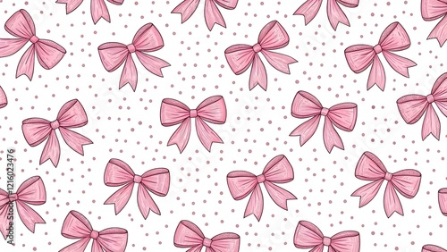 Pink bows of ribbons on white dotted background. Vector seamless pattern. Hand drawn doodle vector elements. Best for textile, print, wrapping paper, package and festive decoration.
