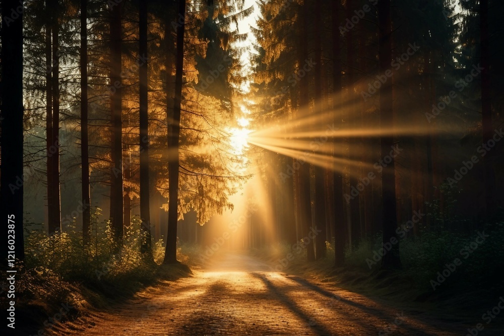 Fototapeta premium Beautiful Picture of Sunlight Beaming Through Trees in Forest 