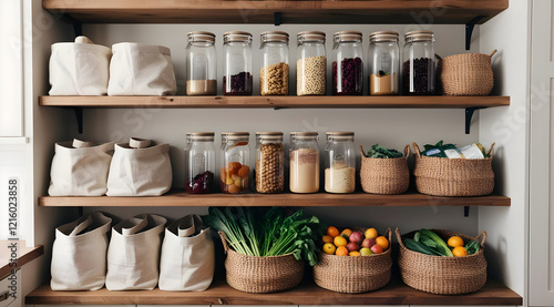 Wallpaper Mural A neatly organized kitchen shelf displays jars and baskets filled with various food items, emphasizing a rustic and minimalist aesthetic. Torontodigital.ca