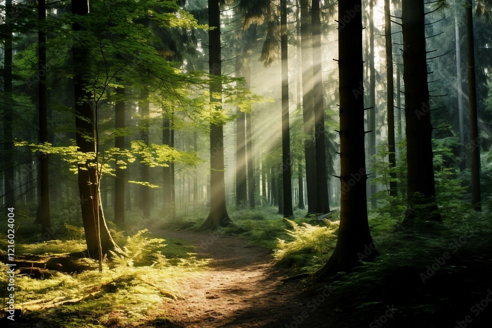 Fototapeta premium Beautiful Picture of Sunlight Beaming Through Trees in Forest