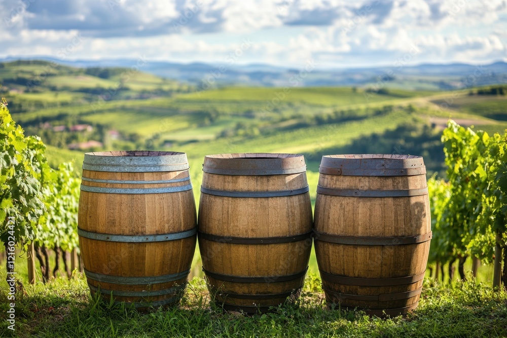 Rustic wine barrels surrounded by lush vineyards scenic landscape daylight viewpoint nature photography for wine enthusiasts Rustic wine barrels surrounded by lush vineyards scenic landscape daylight viewpoint nature photography for wine enthusiasts