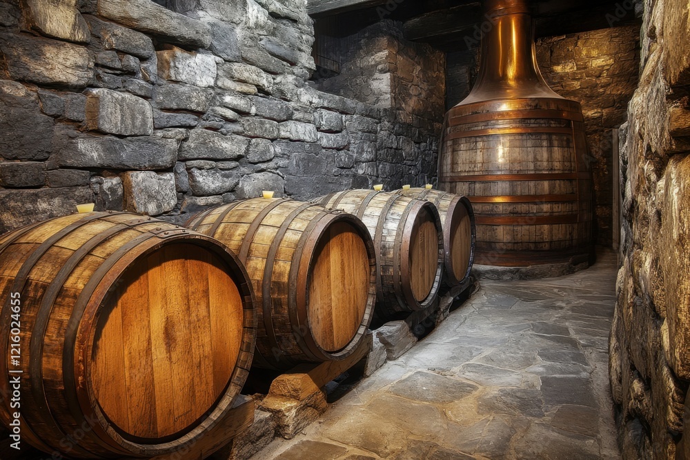 Whiskey barrels aging process in a scottish distillery capturing rustic charm architectural details and historical significance in cozy stone environment